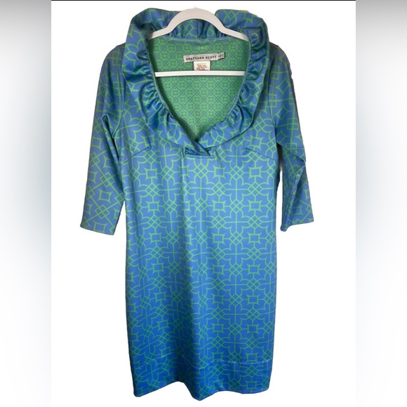 Gretchen Scott Ruffle Neck Blue and Green Print Dress Size S - Picture 2 of 5